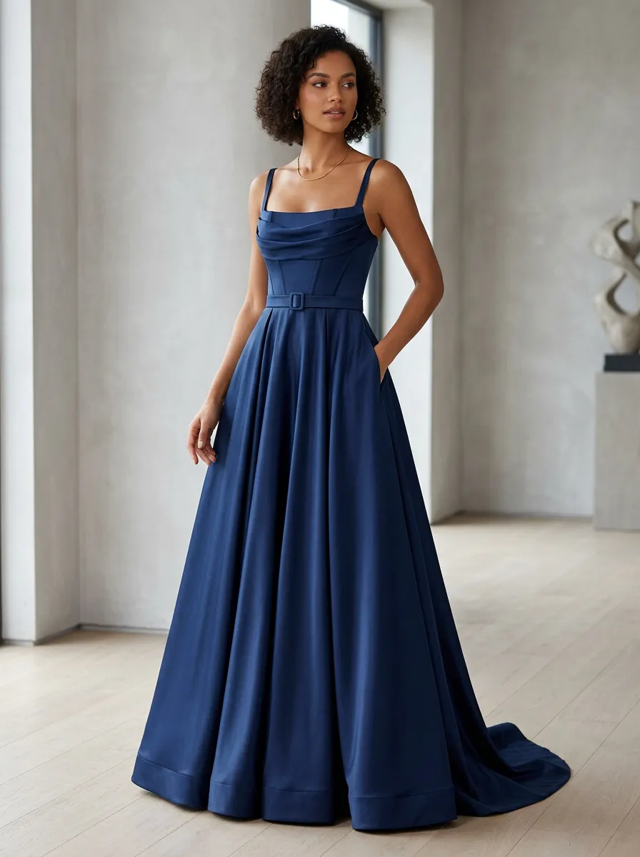 Women's Cowl Neck Belted Satin Maxi Evening Gown