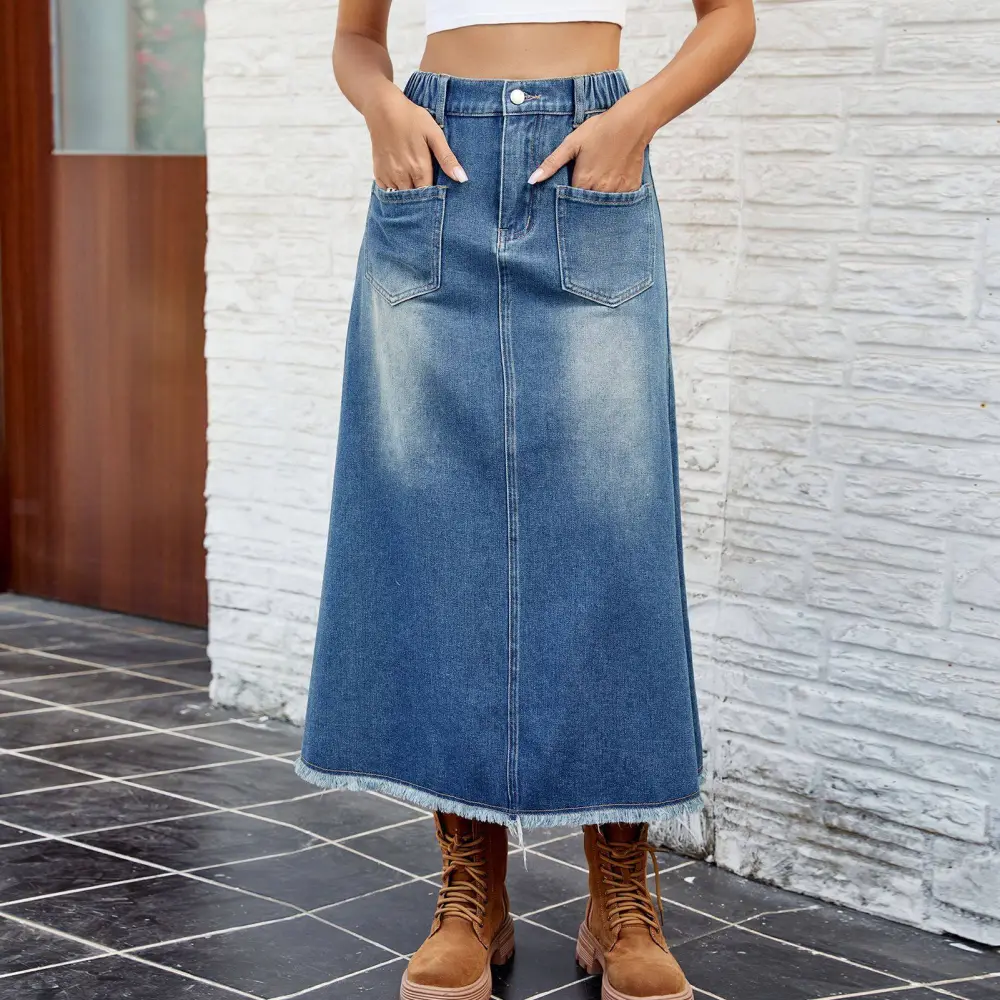 Structured Mid-Length Washed Denim Skirt