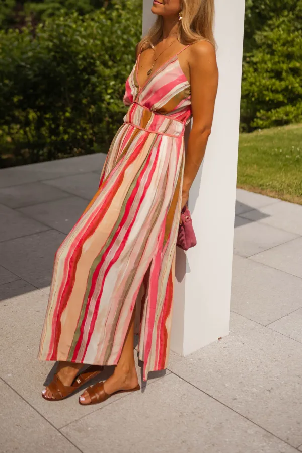 Striped V Neck Maxi Dress