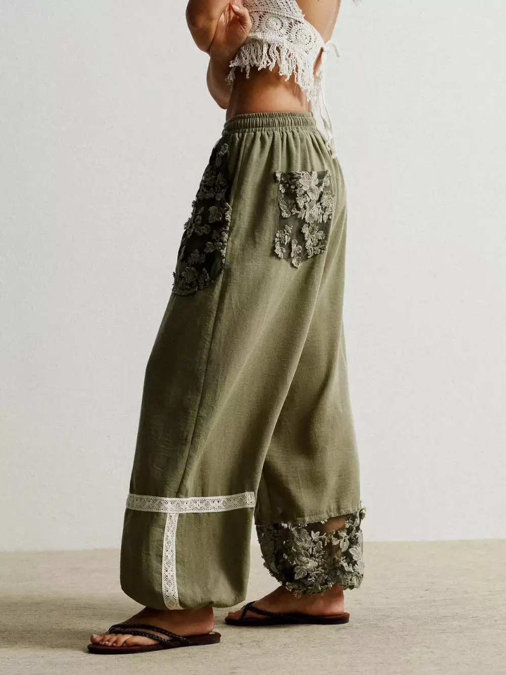 Harem Drawstring Lace Trim Pocketed Pants