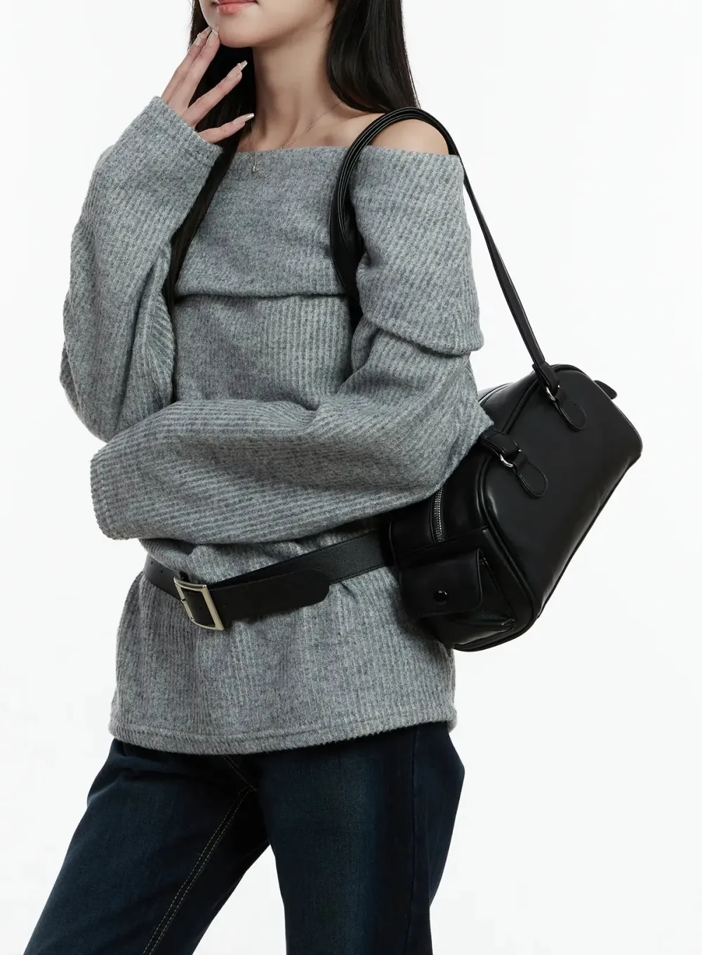 Fleece Ribbed Off-Shoulder Knit Top