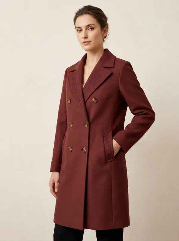 Women's Botanical Floral Line-Art Print Camel Coat