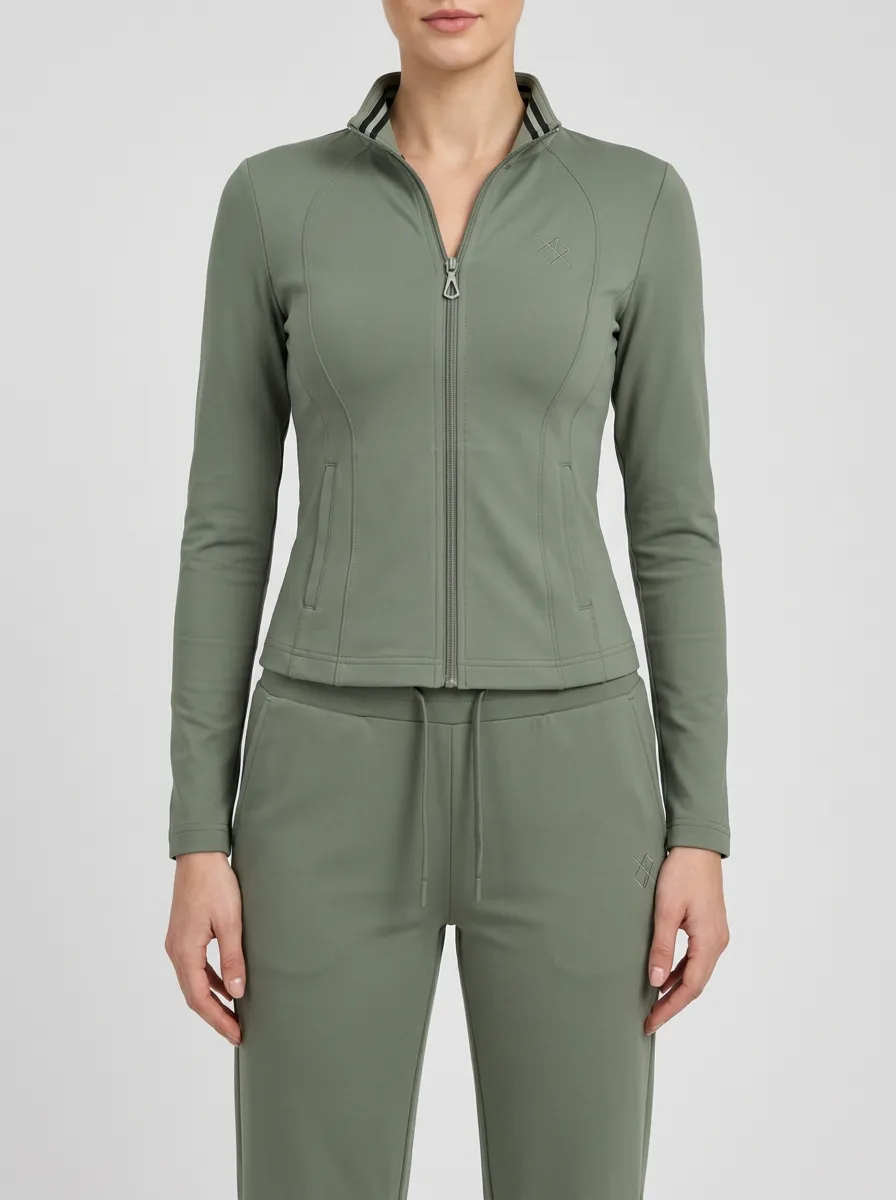 Women's Athletic Yoga Gym Olive Green Zip-up Tracksuit Set