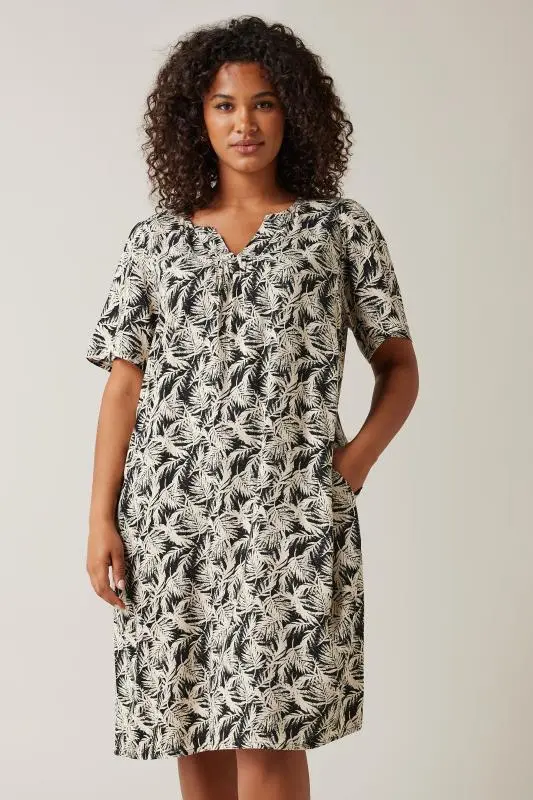Black Tropical Print Linen Dress