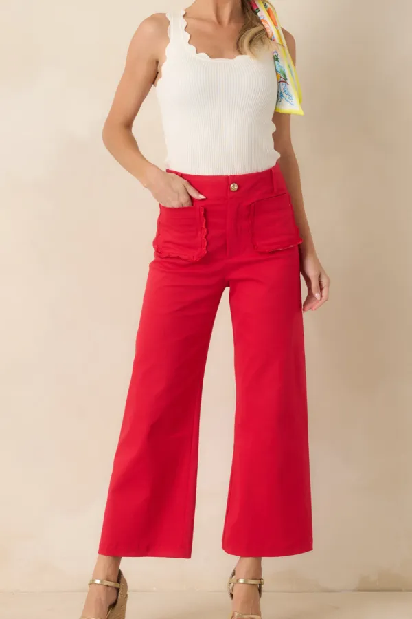 Cherry Cotton Scalloped Pocket Pants