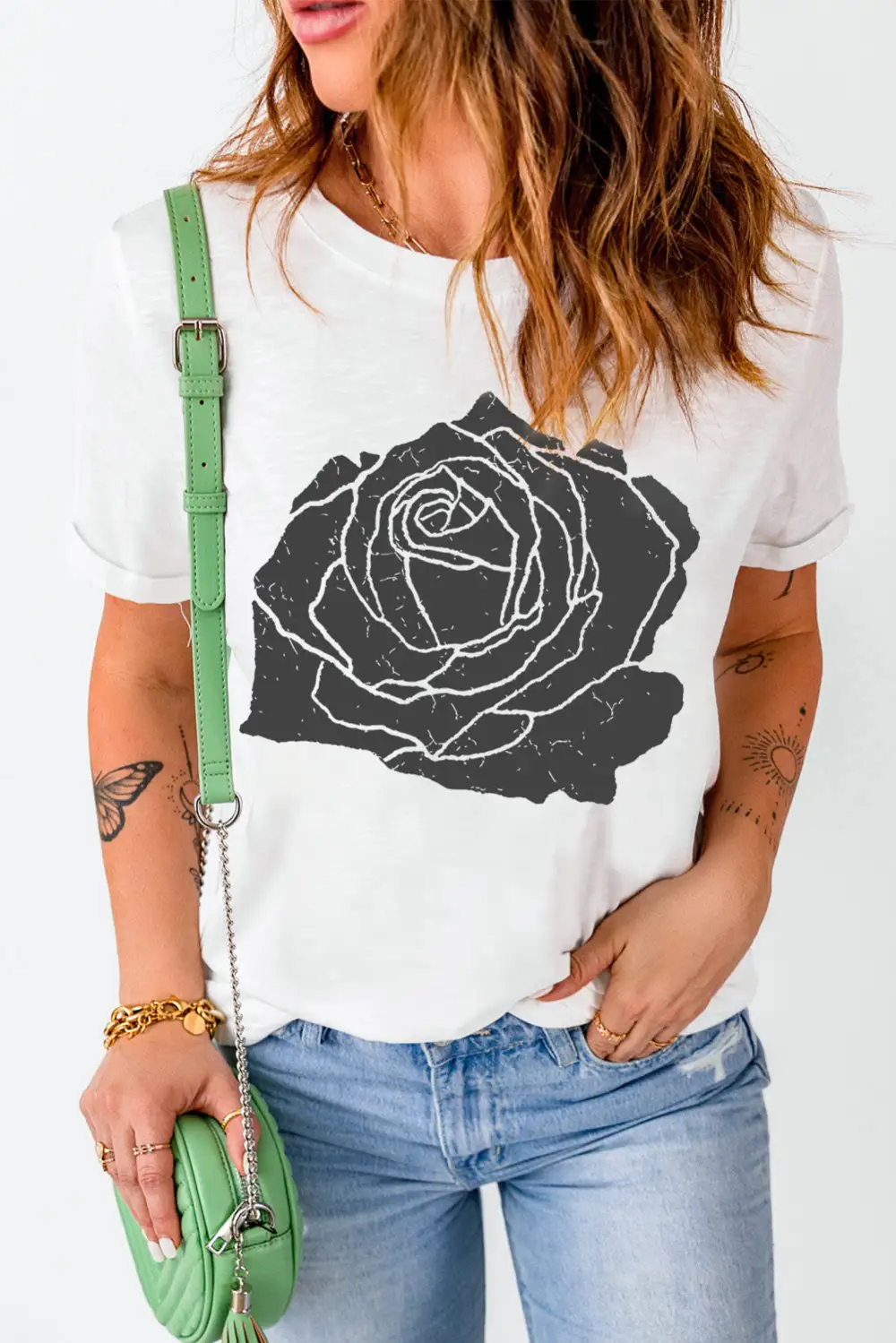 White Large Rose Print Round