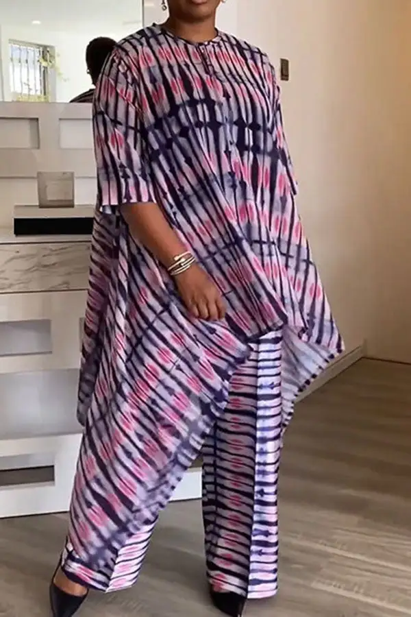 Abstract Print Asymmetric Round Neck Pant Set
