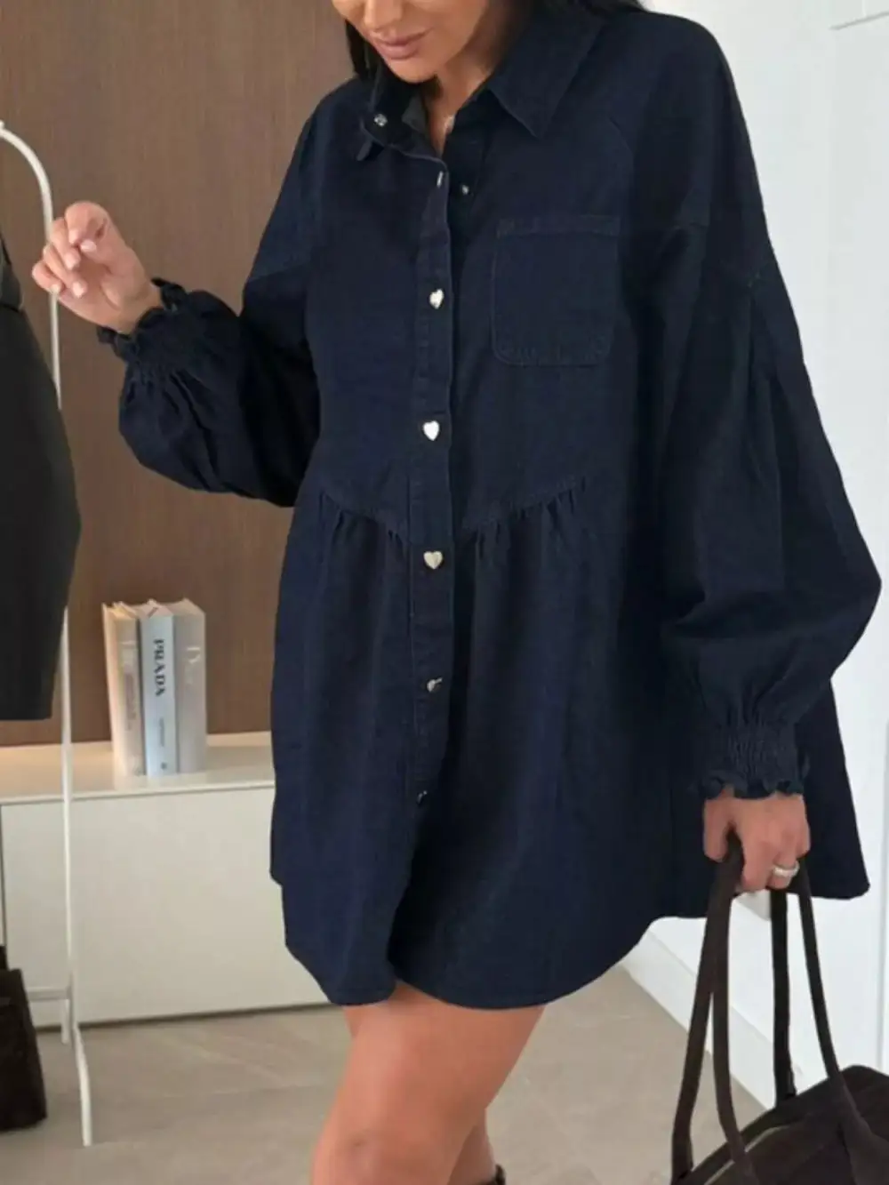 Denim Button Front Pocketed Mini Dress