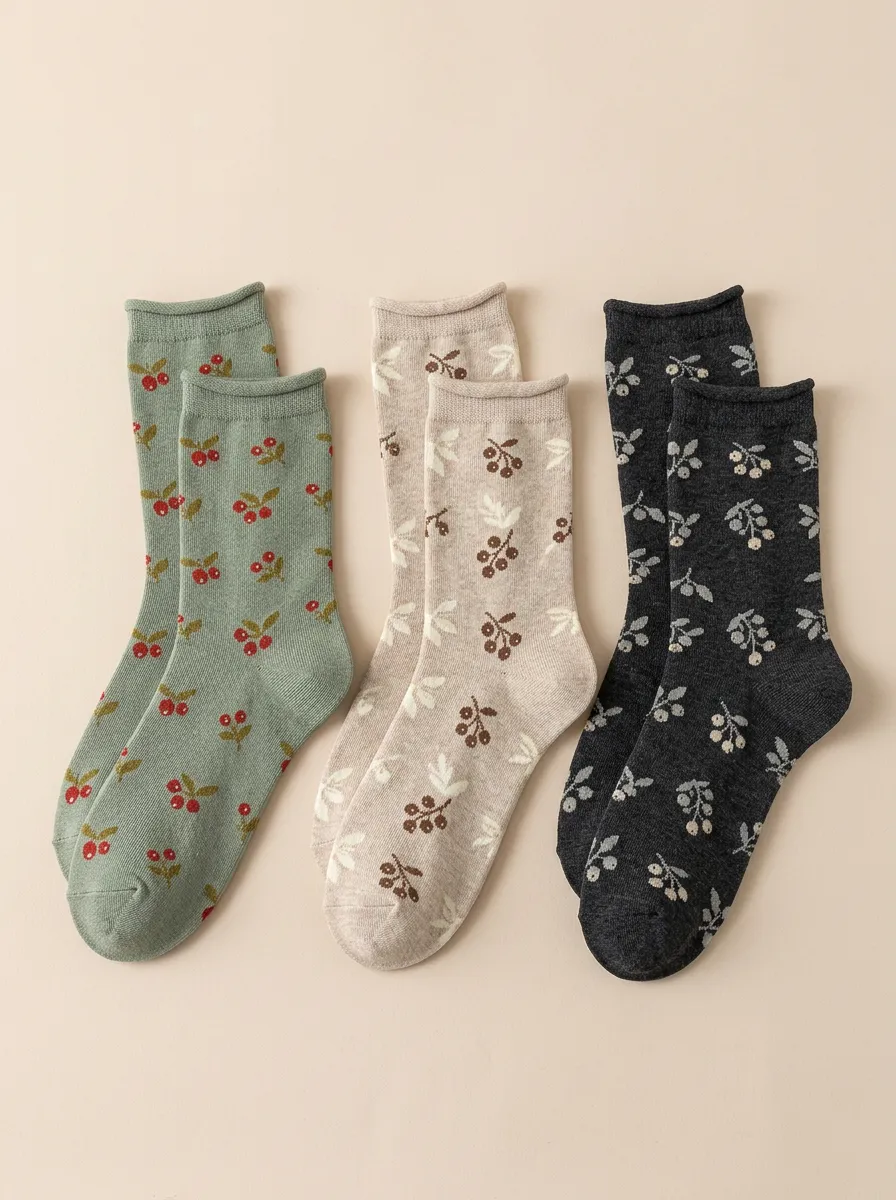 Women's Berry Botanical Rolled Edge Crew Socks Three Pair Set
