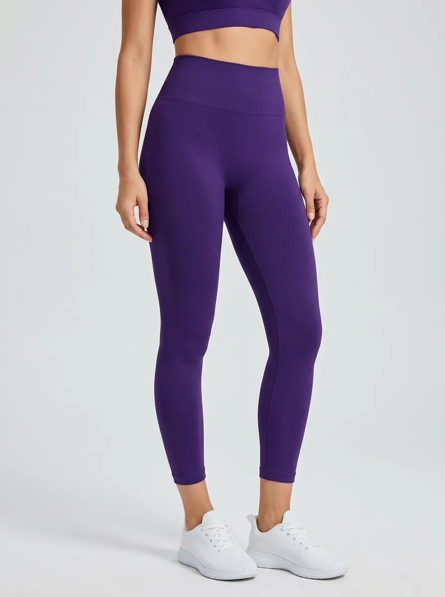 Women's Pocket-Detail Solid Purple No-Front-Seam High-Rise Leggings