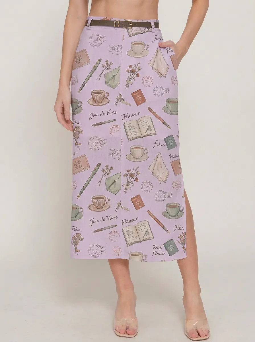 Women's Coffee Travel Stationery Aesthetic Printed Midi Skirt