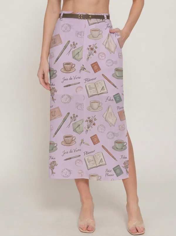 Women's Coffee Travel Stationery Aesthetic Printed Midi Skirt