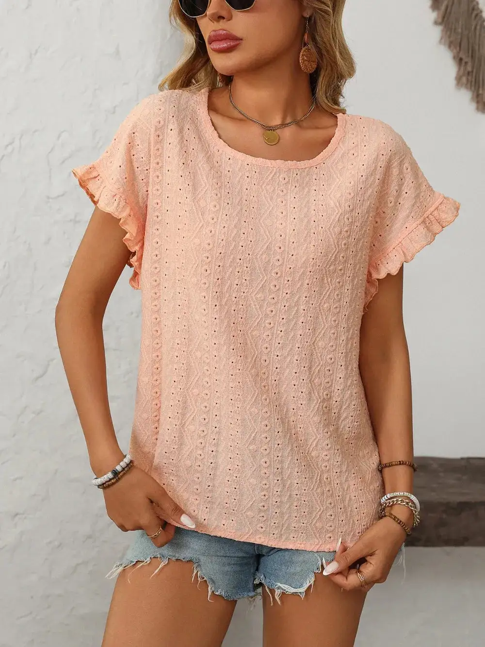 Mandy Eyelet Frill Round Neck Short Sleeve Top