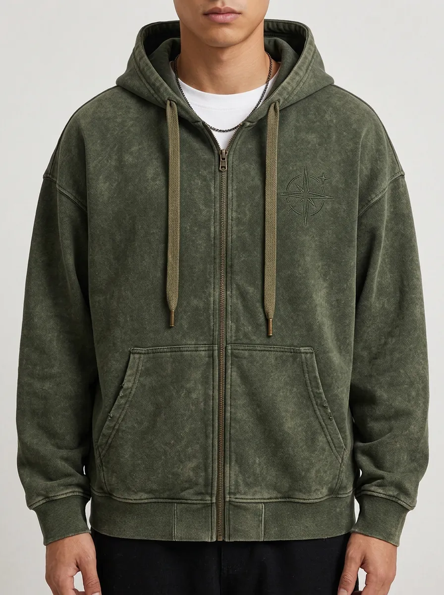 Men's Vintage Compass Graphic Acid Wash Printed Zip Hoodie