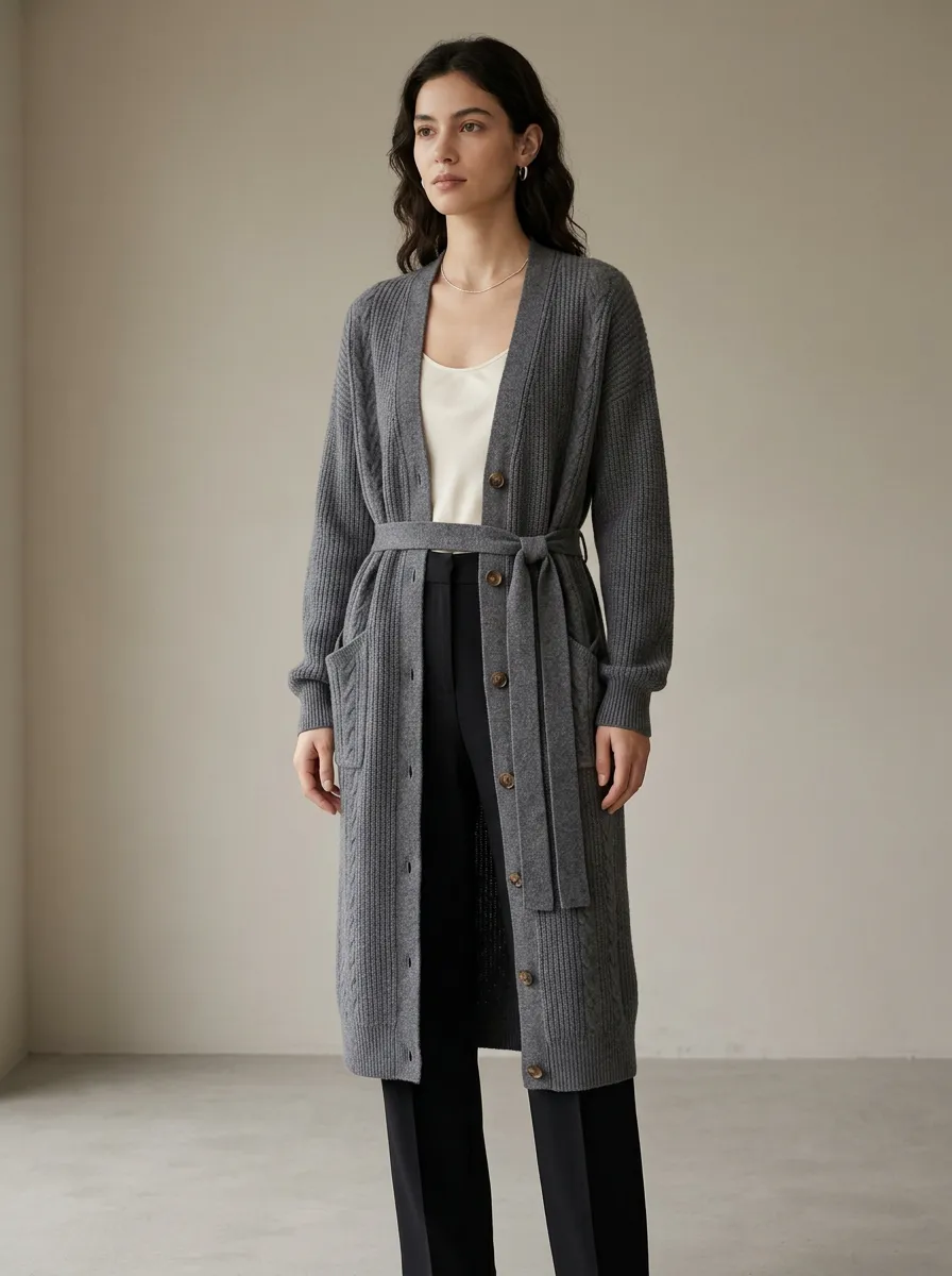 Women's Cable Knit Belted Minimal Knit Cardigan
