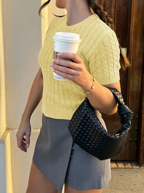 Paneled Round Neck Short Sleeve Pullover Sweater