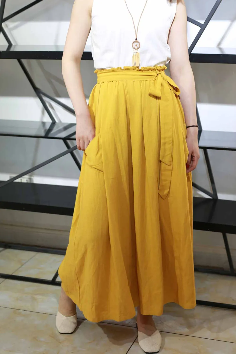 Versatile Linen Cotton Elastic Waist Maxi Skirt
