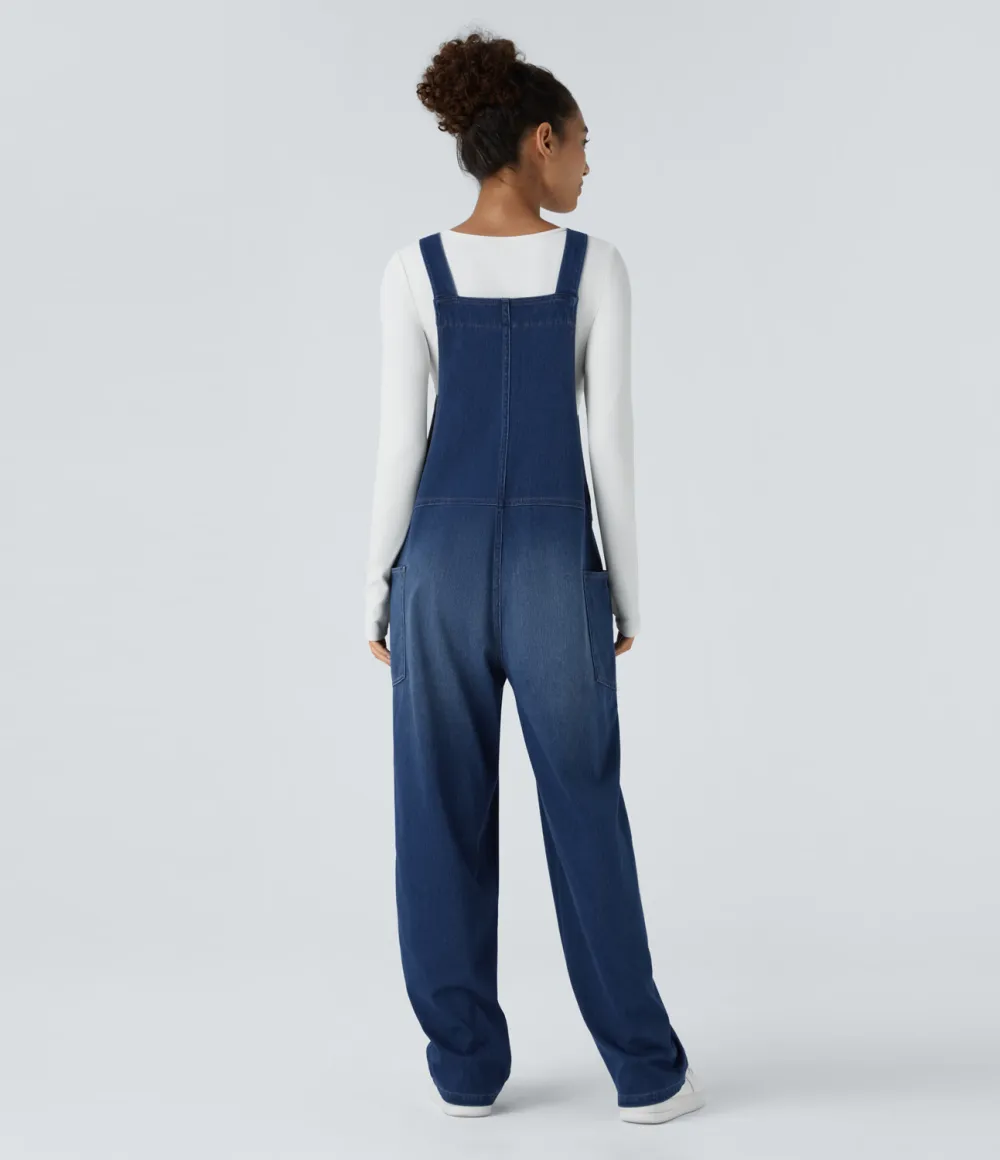 Magic V Neck Side Pocket Washed Stretchy Knit Denim Casual Overalls