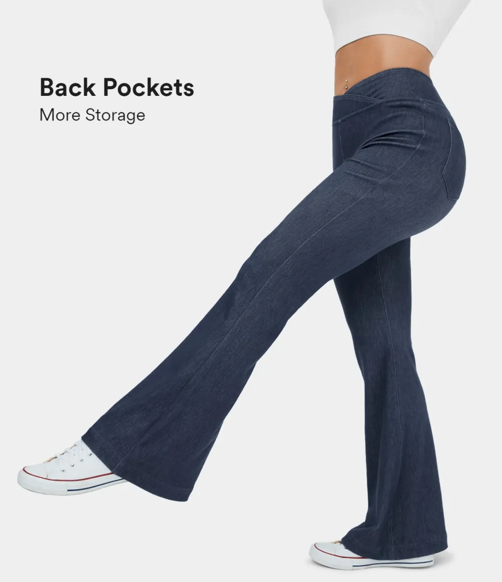 Magic High Waisted Crossover Back Pocket Stretchy Knit Casual Flare Jeans