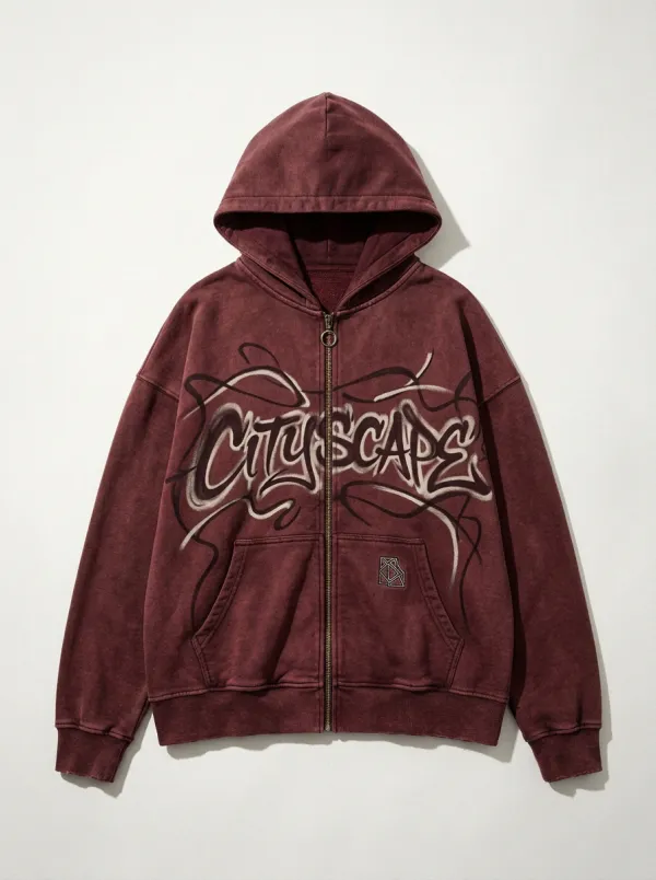 Unisex Streetwear Cityscape Graffiti Printed Zip-up Hoodie