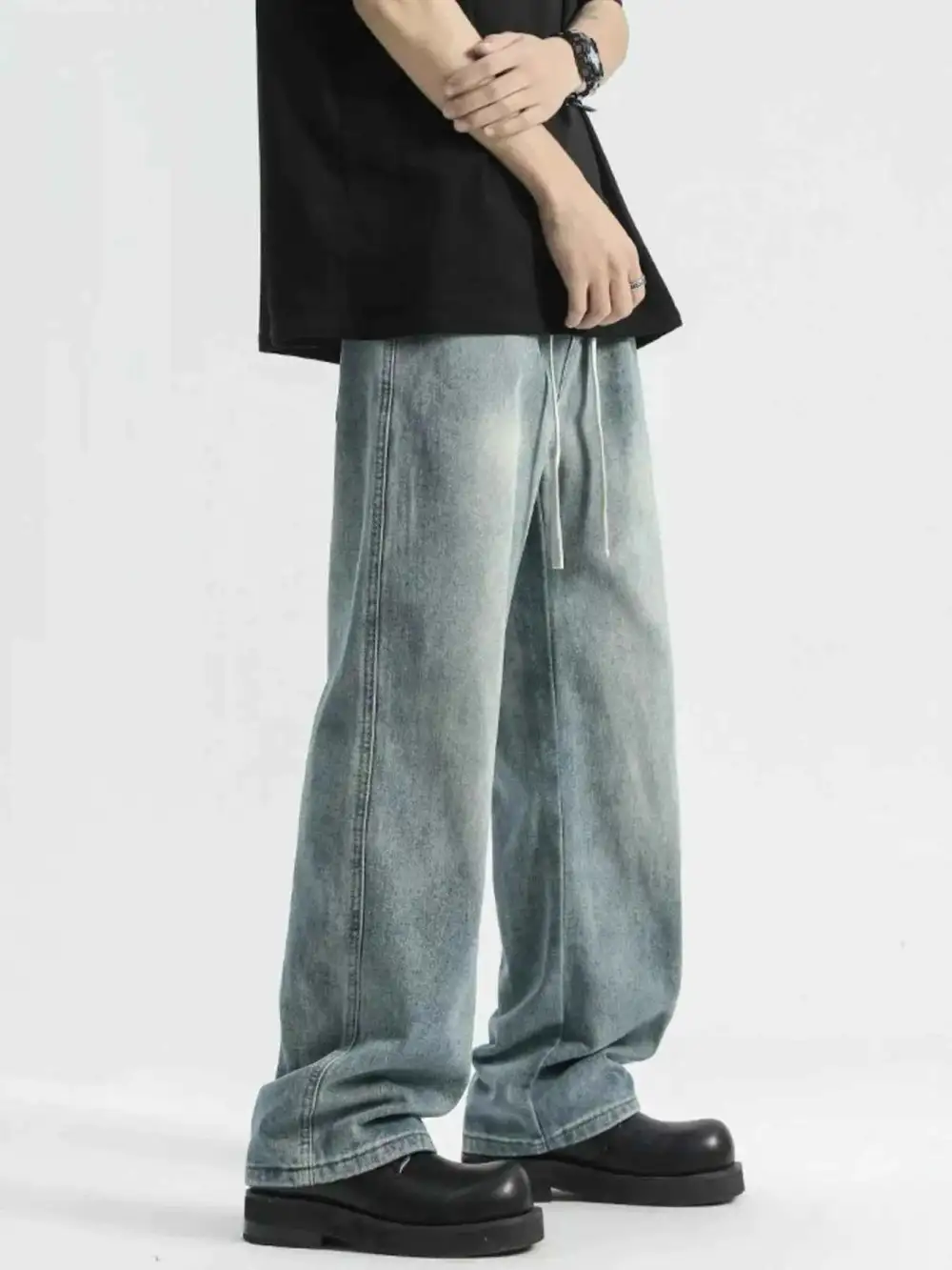 Washed Wide Leg Drawstring Jeans