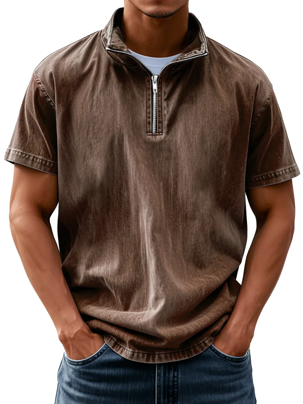 Short Sleeve Stand Collar Zip Front Shirt