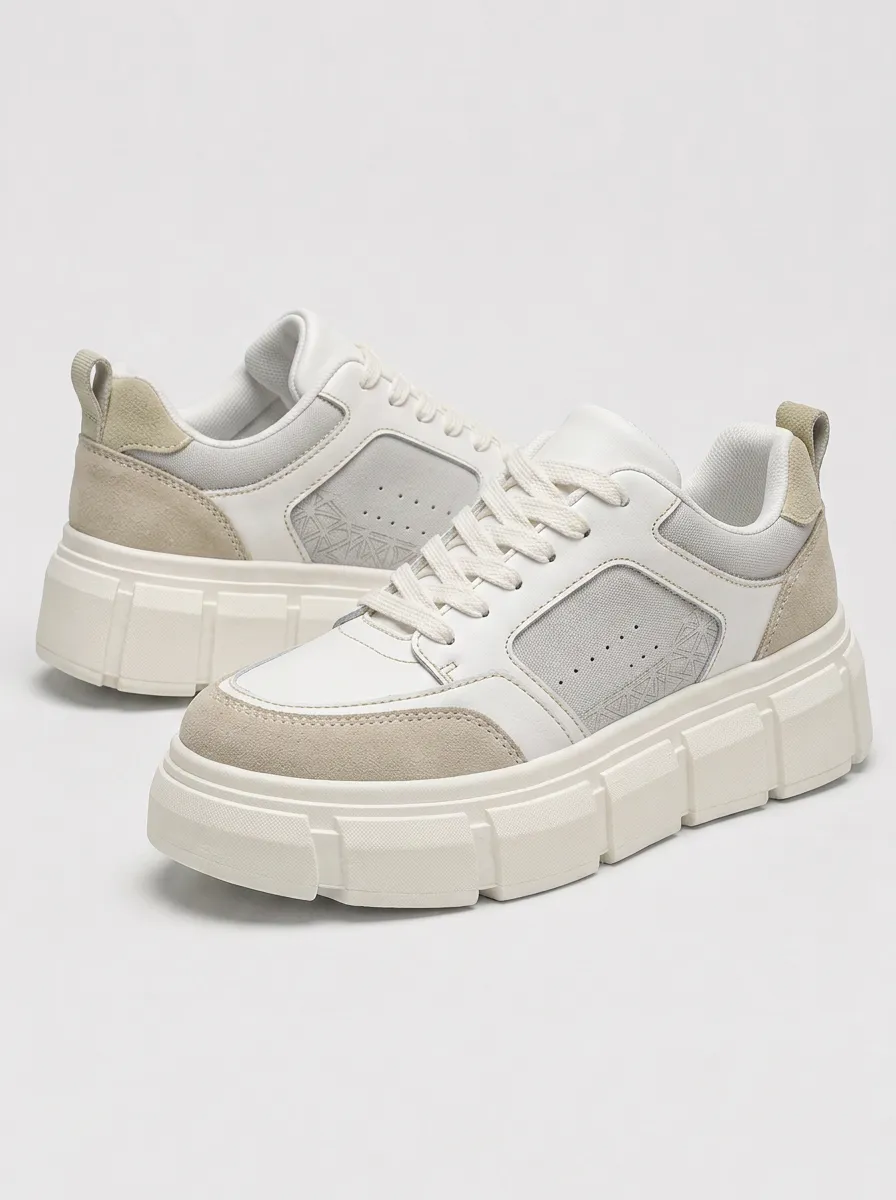 Men's Casual Beige White Geometric Pattern Printed Sneakers