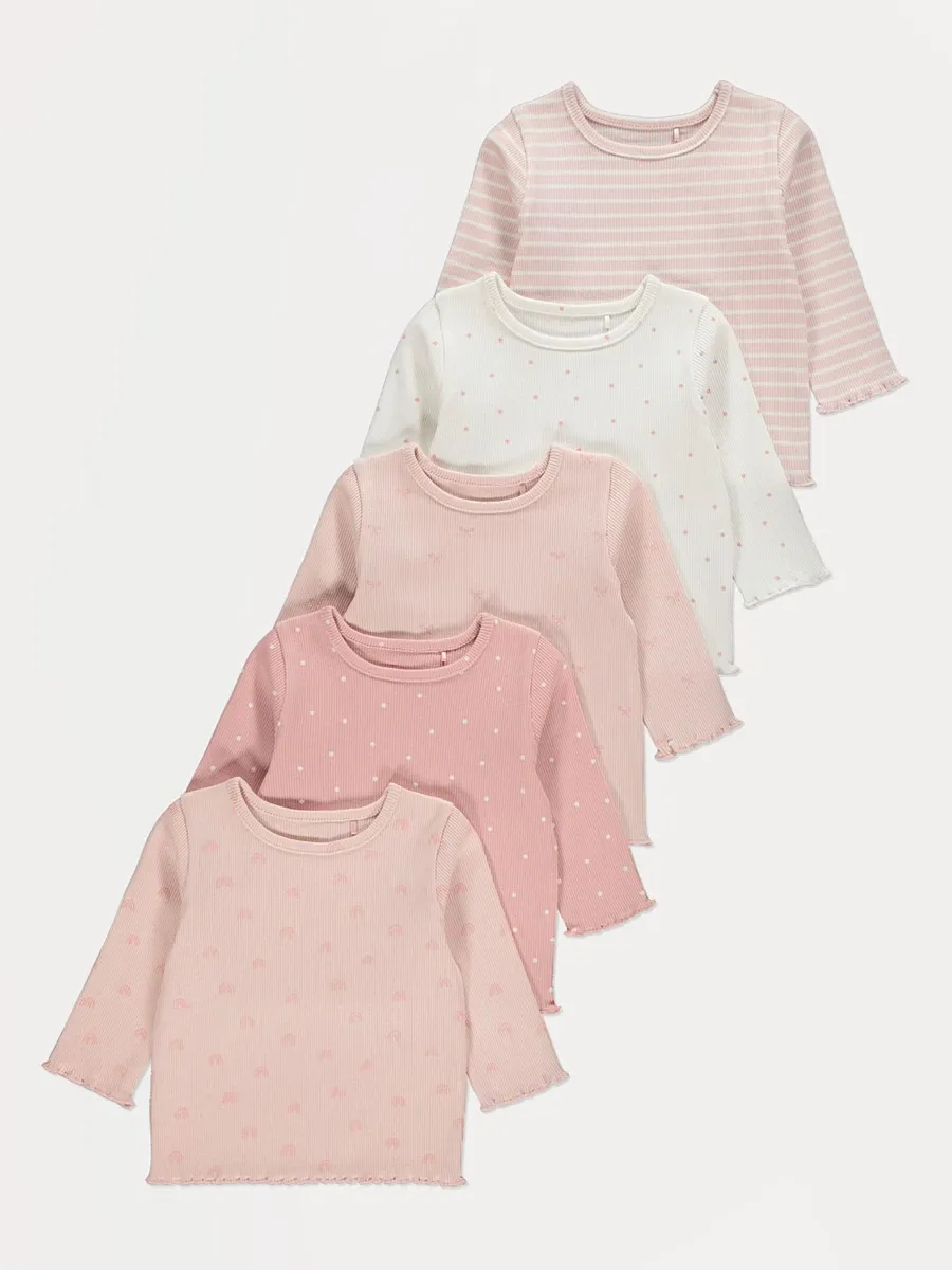 Pink Patterned Ribbed Long Sleeve Tops 5 Pack