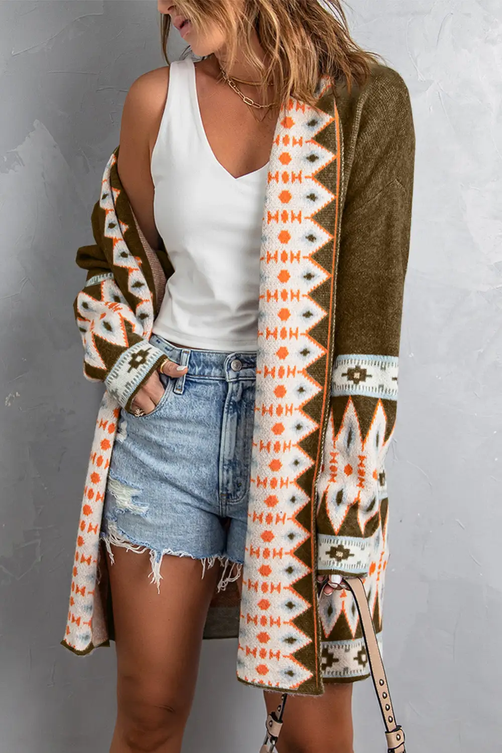 Aztec Print Open Front Knit Textured Knit Cardigan