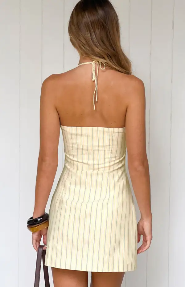 Halter Neck V Neck Stripe Mini Dress
