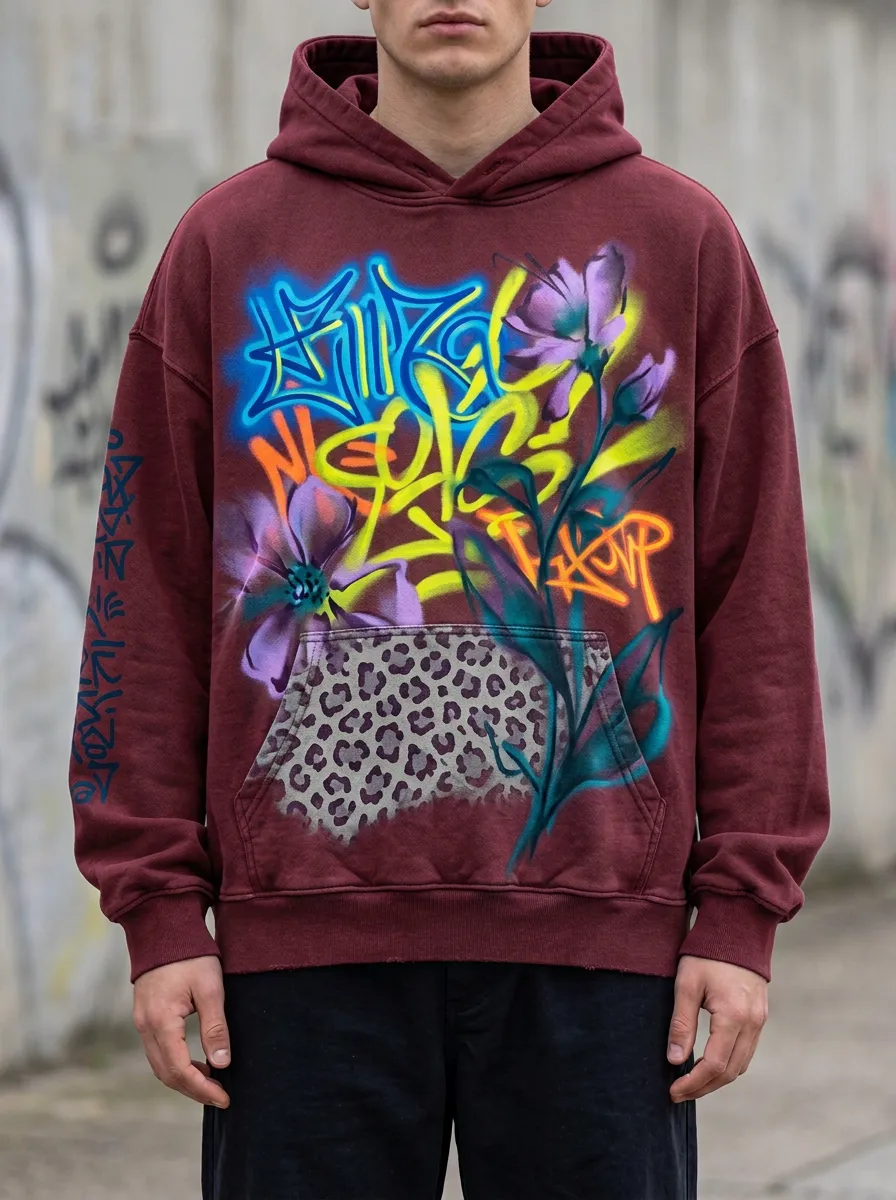 Unisex Streetwear Graffiti Flower Leopard Graphic Hoodie