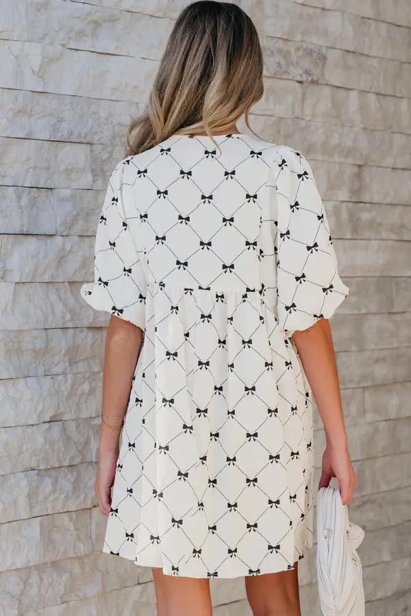 Bowtie Pattern Textured Puff Half Sleeve Loose Mini Dress