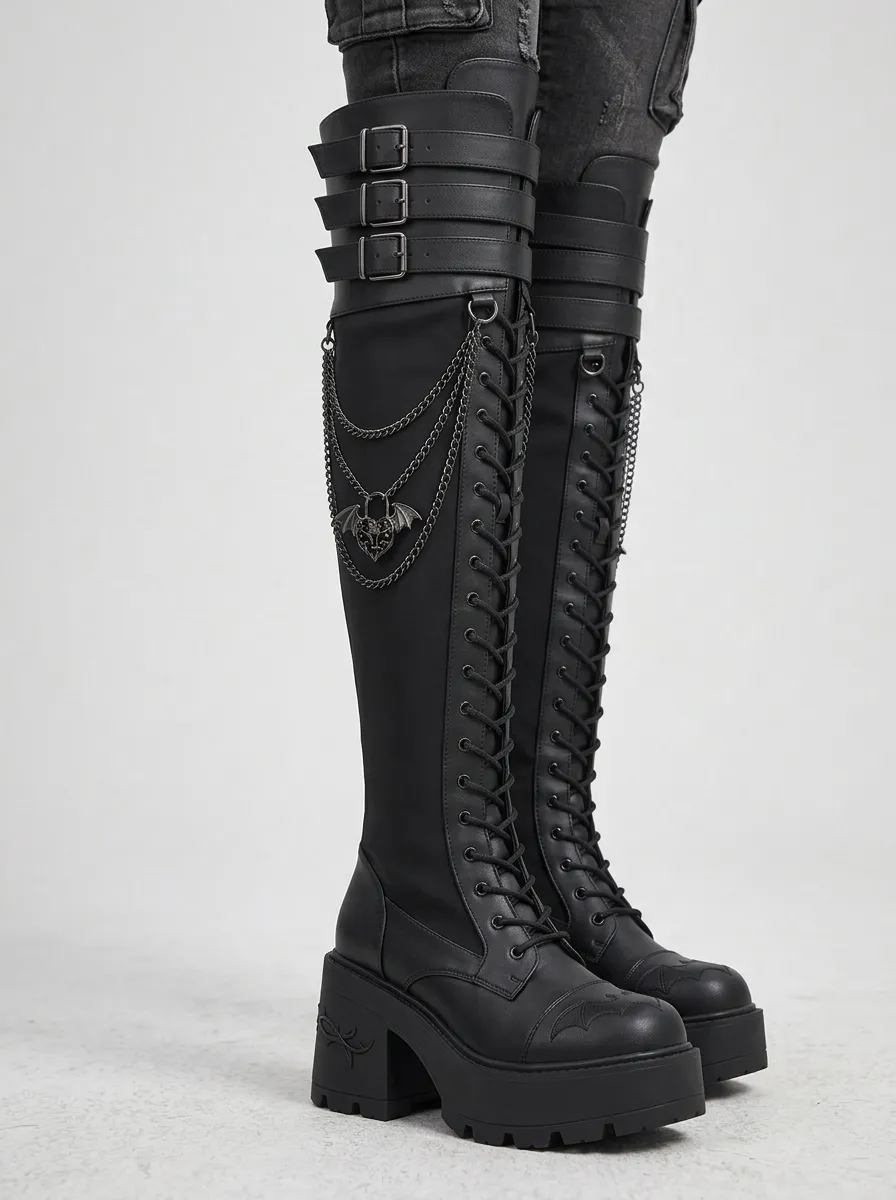 Gothic Revival Bat Lace Lace-Up Night Look Women's Gothic Platform Boots