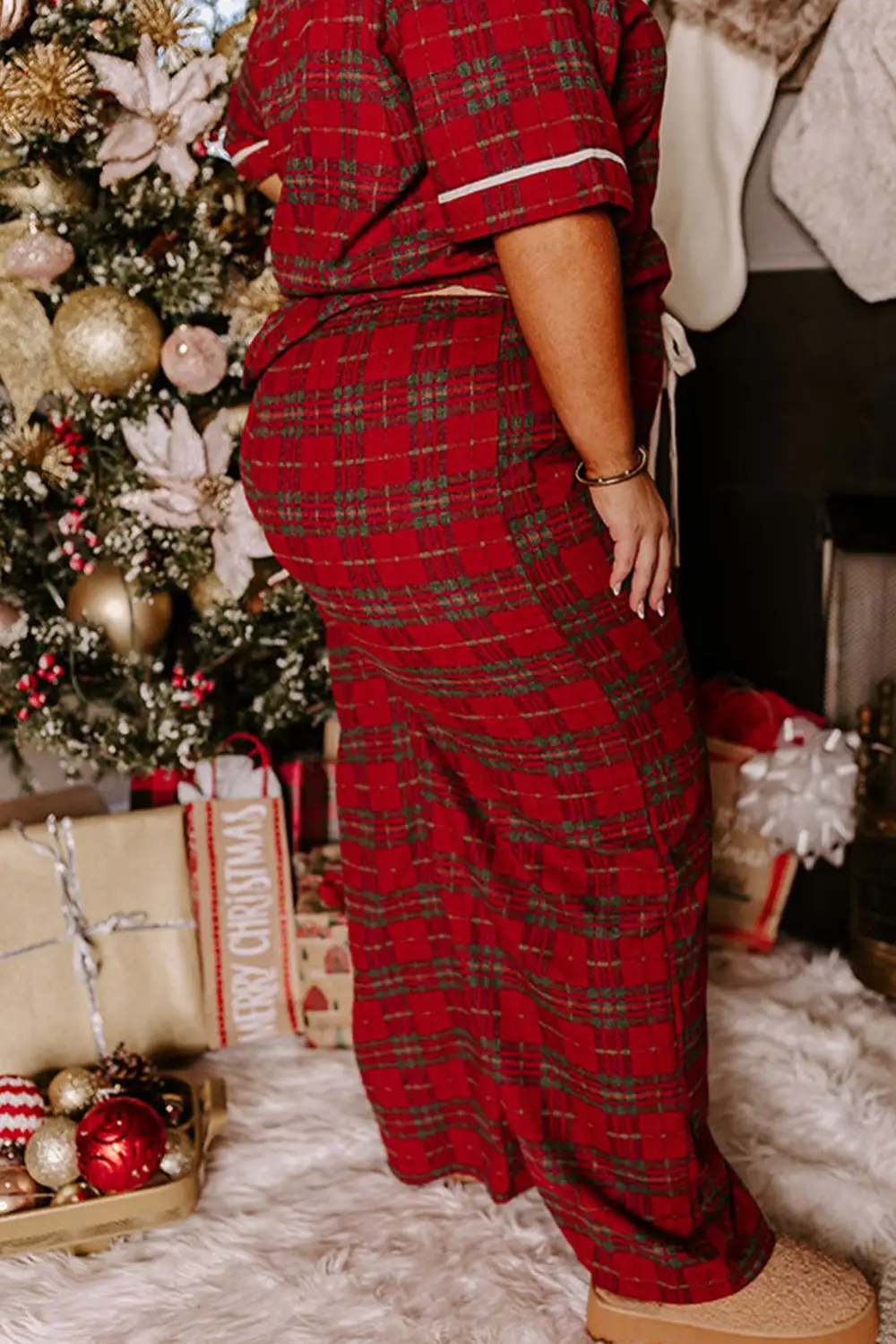 Plus Plaid Shirt And Loose Pants Pajama Set