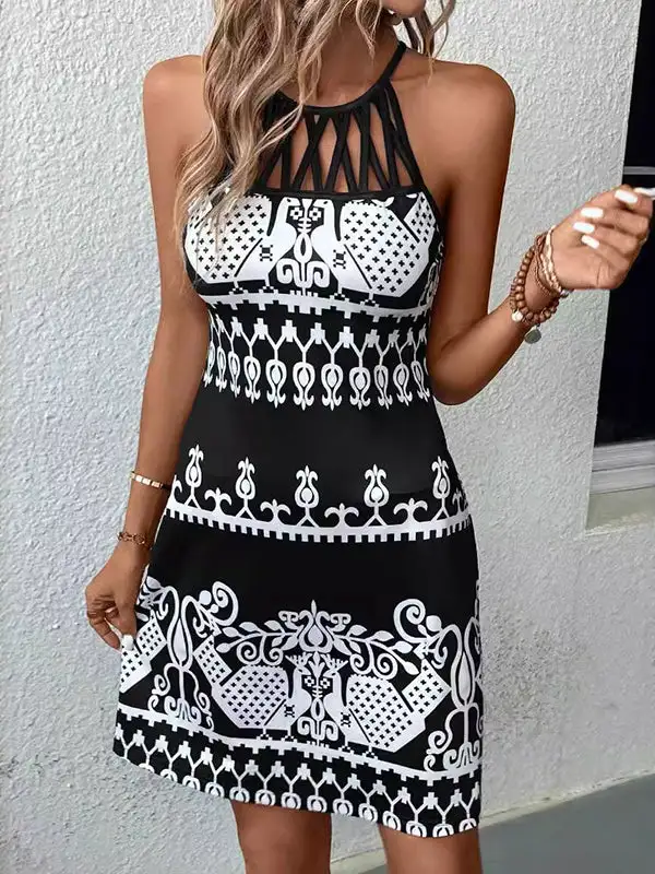 Relaxed Sleeveless Hollow Printed Split Joint Halter Neck Mini Dress