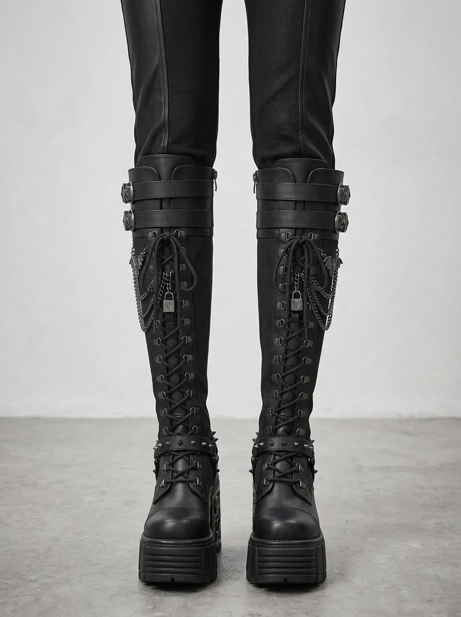 Gothic Revival Bat Rose Chain Statement Women's Gothic Platform Knee High Boots