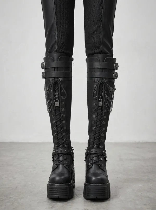 Gothic Revival Bat Rose Chain Statement Women's Gothic Platform Knee High Boots