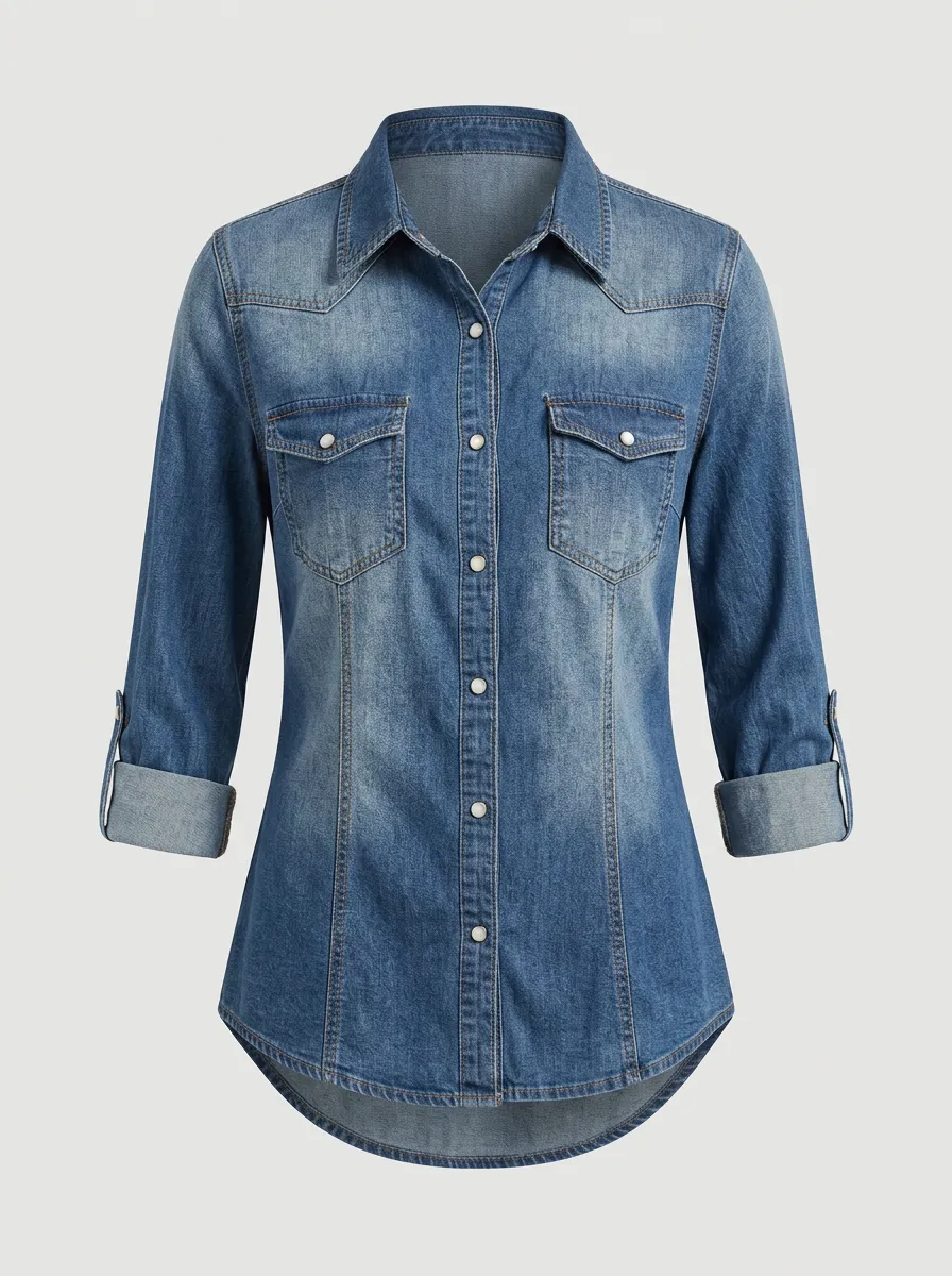 Women's Down Shirt Western Style Washed Denim Button