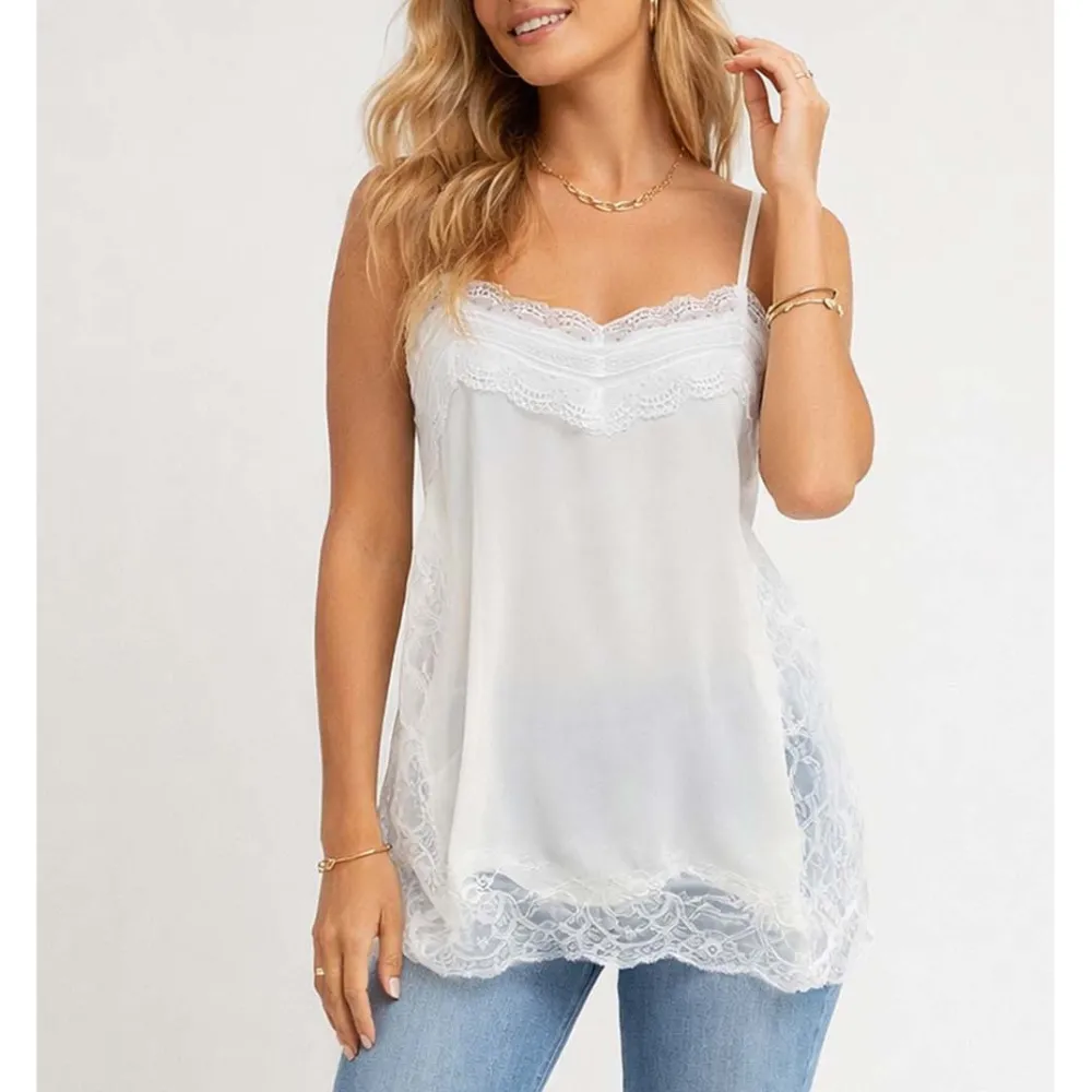 Chic Lace Trim V Neck Side Split Cami Top