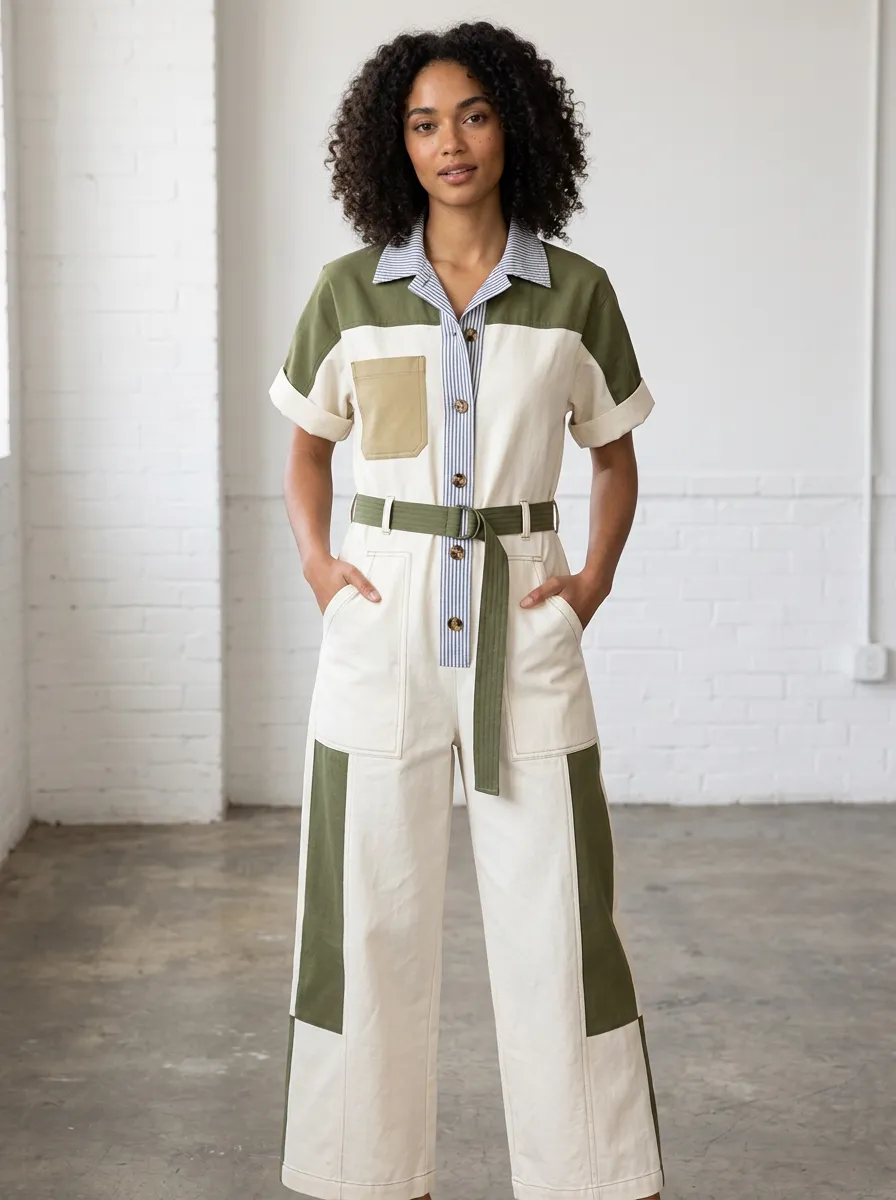 Women's Casual Style Olive Green Striped Patchwork Belted Jumpsuit