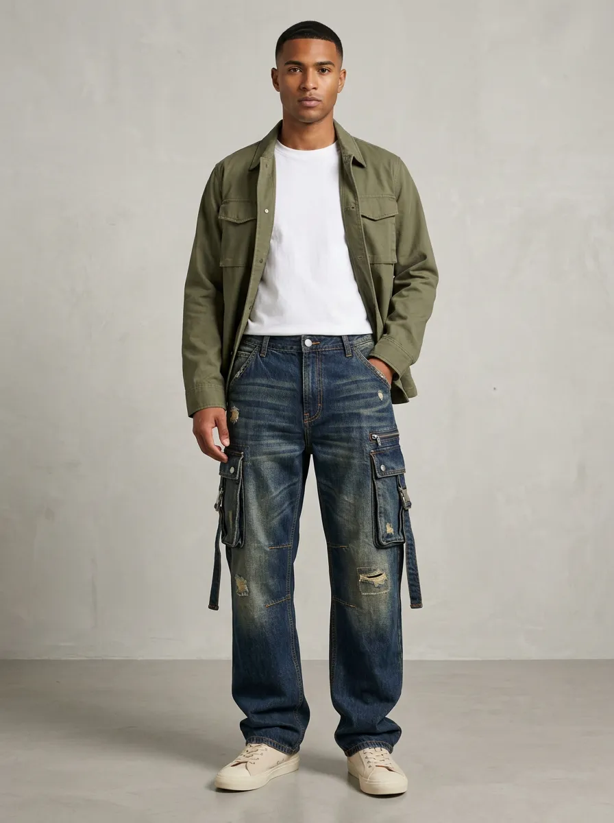 Men's Atlas Streetwear Distressed Denim Multi-Pocket Cargo Jeans