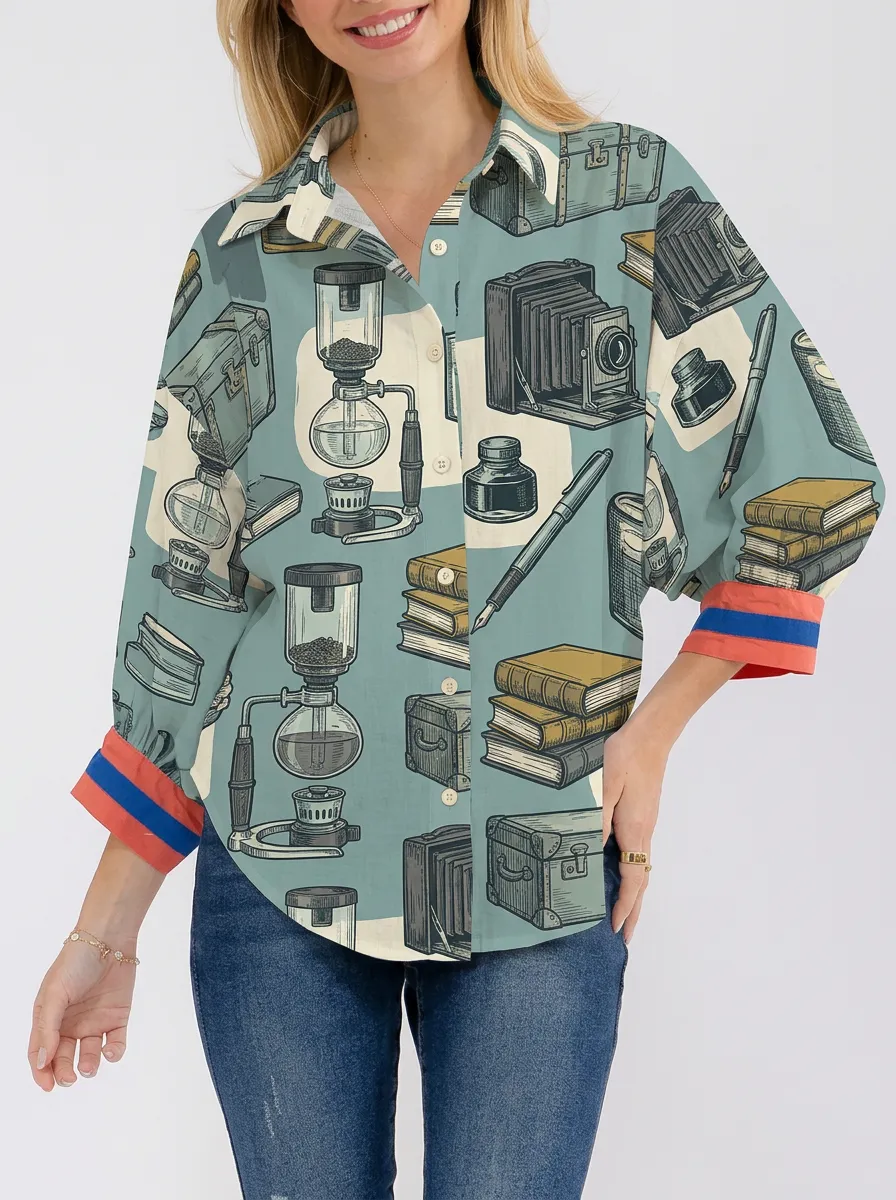 Women's Vintage Stationery Coffee Lover Printed Button-up Shirt