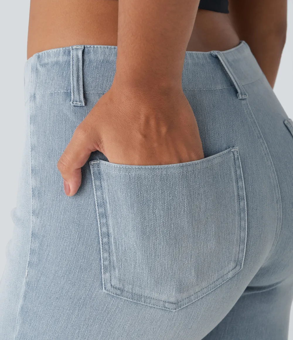 Magic Mid Rise Back Pockets Skinny Cool Touch Washed Stretchy Knit Denim Casual Shorts