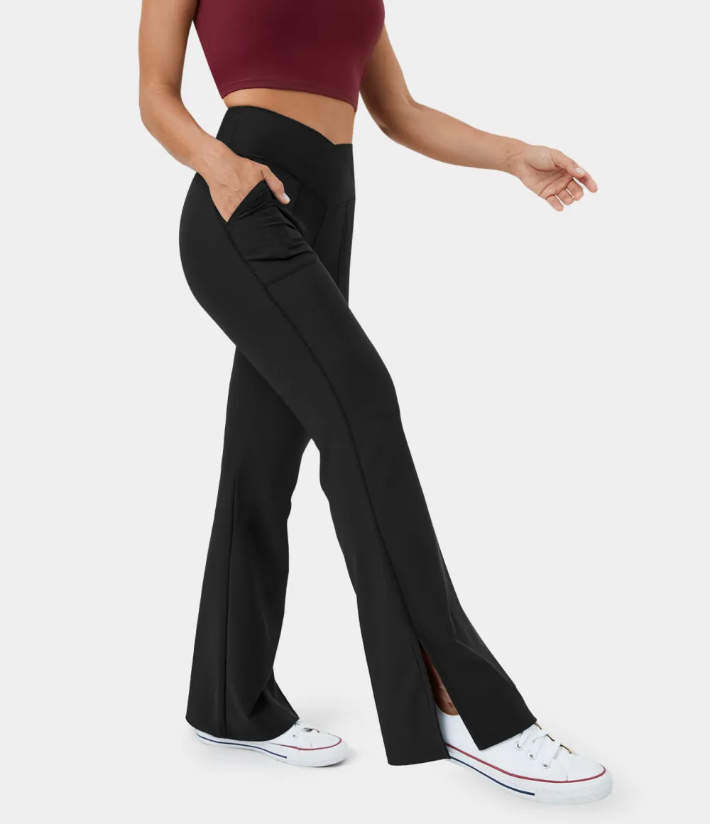 Patitoff Flow Pet Hair Resistant Crossover Pocket Split Hem Yoga Flare Leggings-Smile