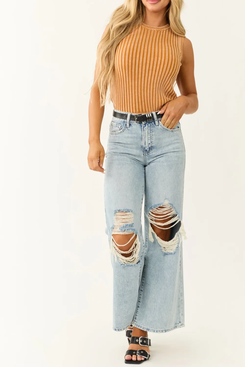 Light Blue Distressed Flared JEANS