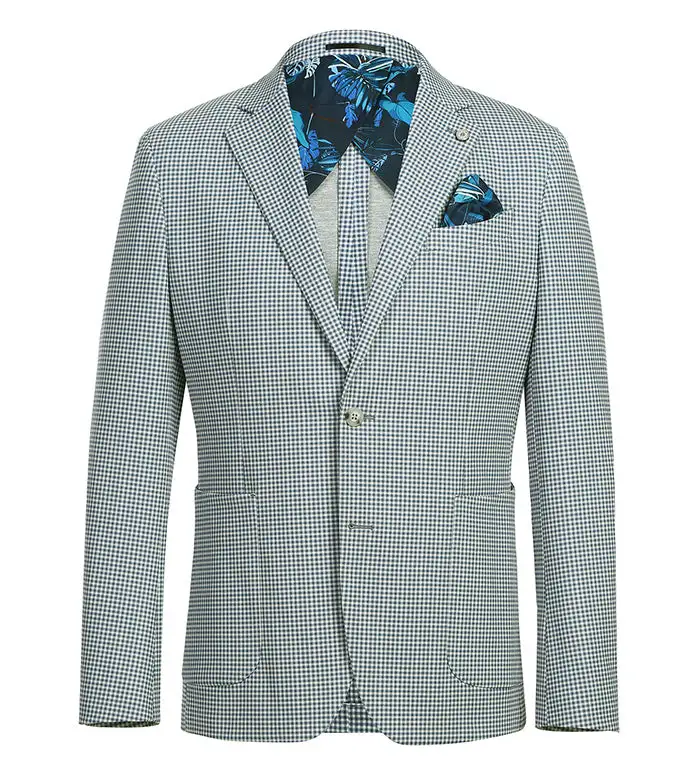 Sage Blue Slim Fit Check Side Vents Blazer