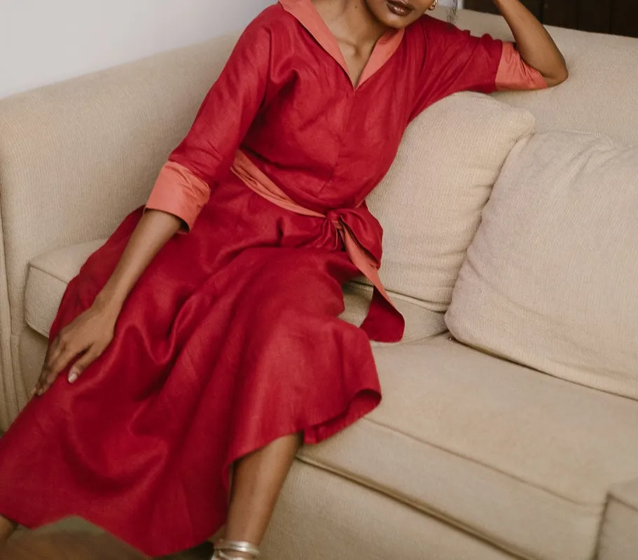 Rust Orange Linen Flared Dress