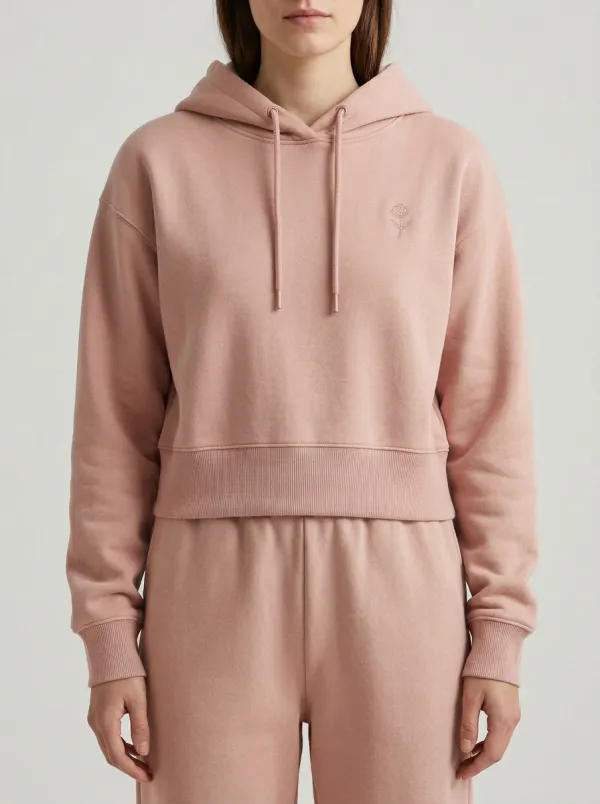 Women's Minimalist Sage Green Small Flower Embroidered Cropped Hoodie