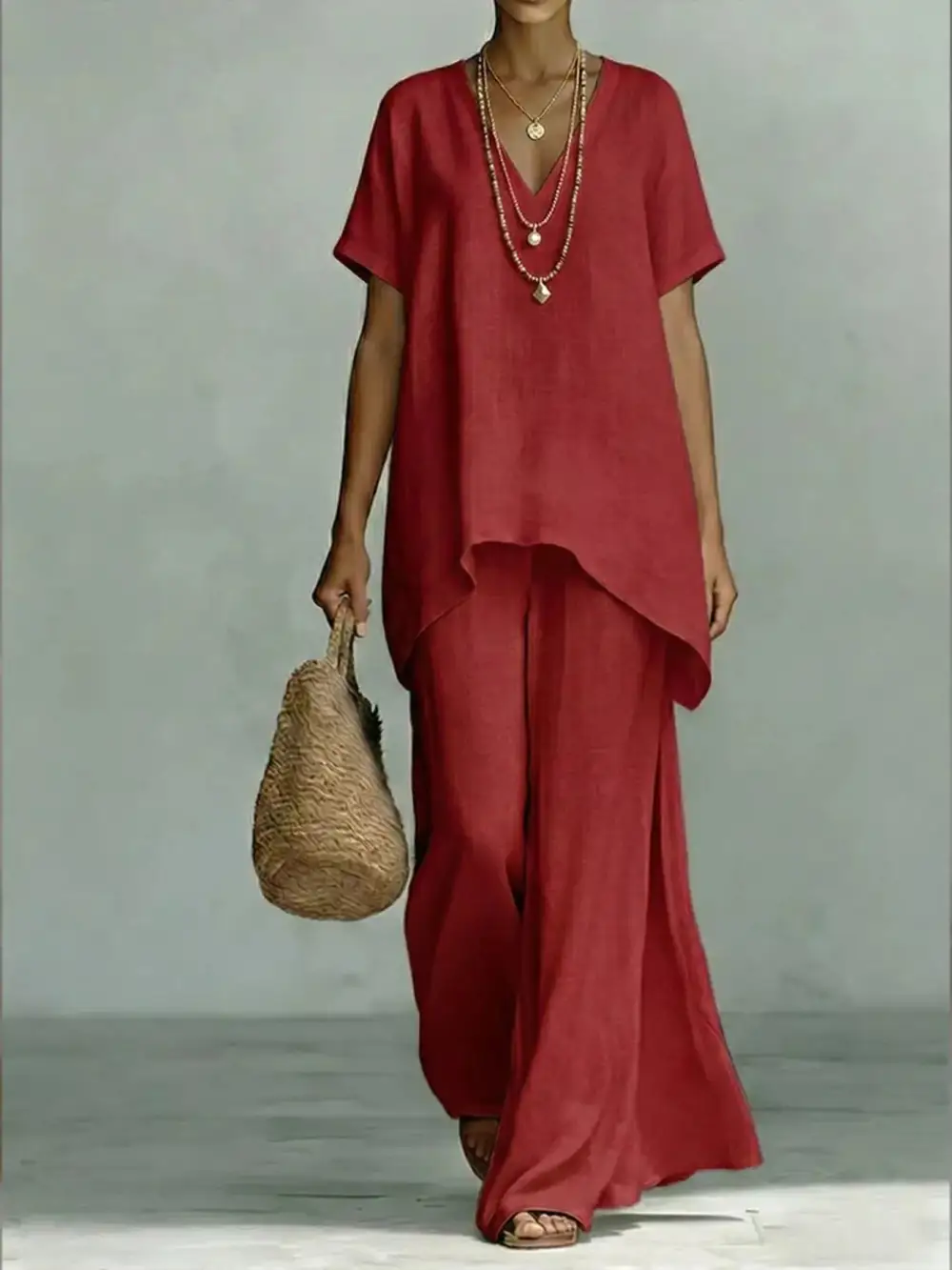 Full Size V Neck Top and Wide Leg Pants