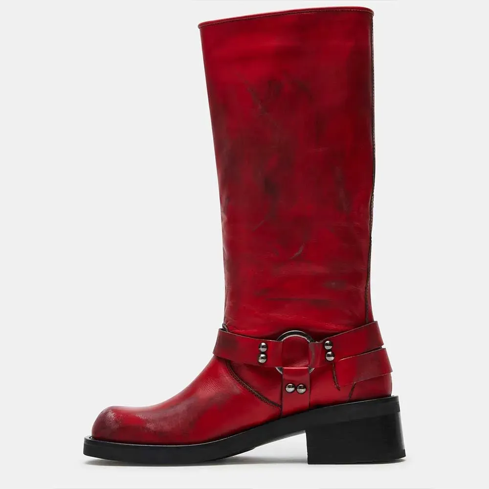 Faux-Leather Distressed Buckle-Detail Round-Toe Knee-High Boots